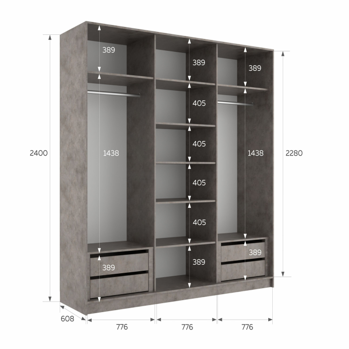 Шкафы-купе 3-х дверные, Шкаф-купе Эста Трио Стекло белое 240х66х240