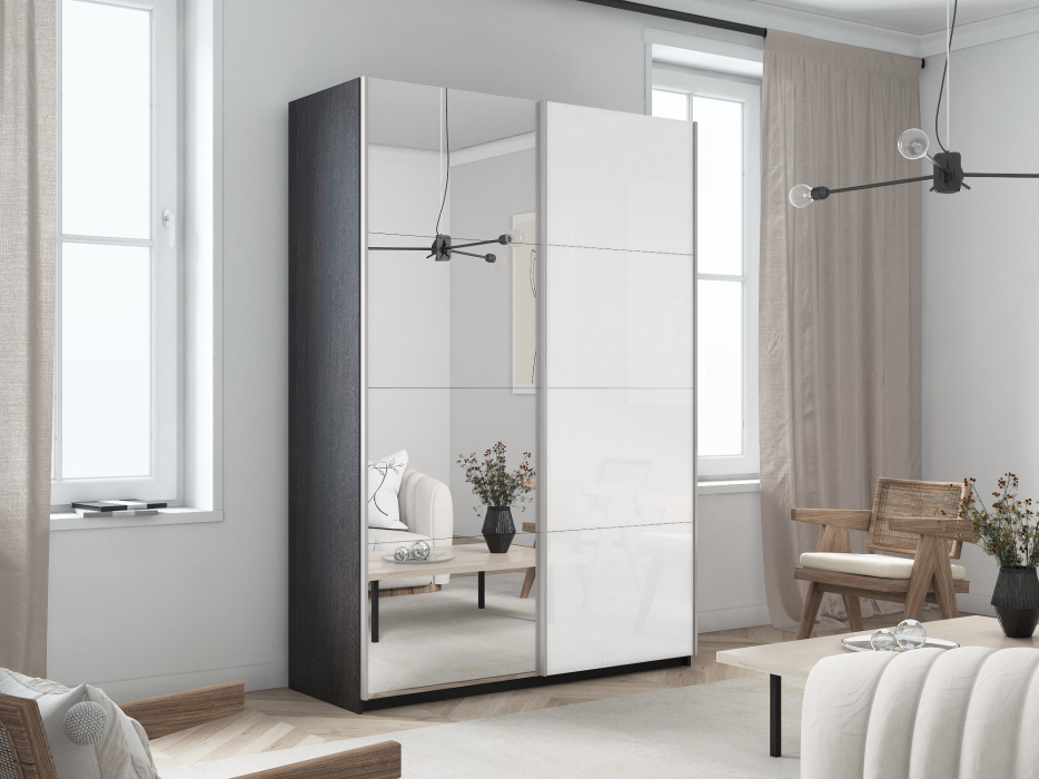 Шкафы-купе 2-х дверные, Шкаф-купе Прайм 2х дверный Зеркало/Белый Глянец 120х57х230