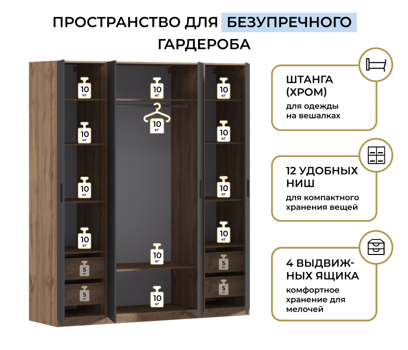 Для одежды, Шкаф четырехдверный Макс 2000 мм, вариант №2 (ЛДСП, корпус дуб вотан)