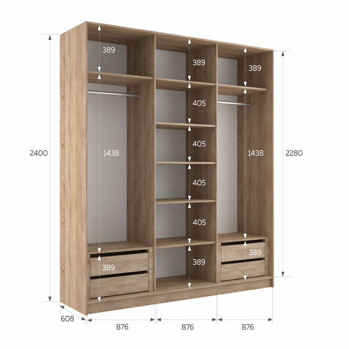 Шкафы-купе 3-х дверные, Шкаф-купе Эста 3-х дверный ДСП/Стекла пудра/Доводчик 270х66х240