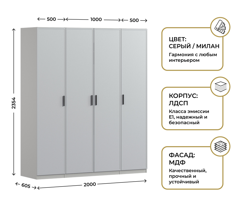 Для одежды, Шкаф четырехдверный Макс 2000 мм, вариант №3 (ЛДСП/МДФ)