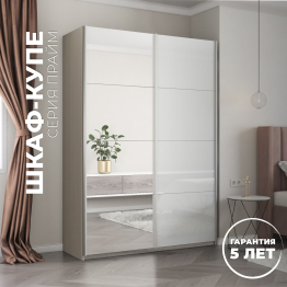 Шкаф-купе Прайм 2-х дверный Зеркало/Стекло белое/Доводчики 140х57х230