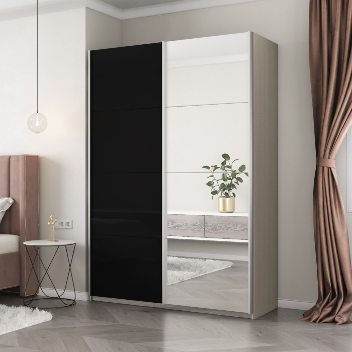 Шкафы-купе 2-х дверные, Шкаф-купе Прайм 2-х дверный Зеркало/Стекло черное/Доводчики 140х57х230