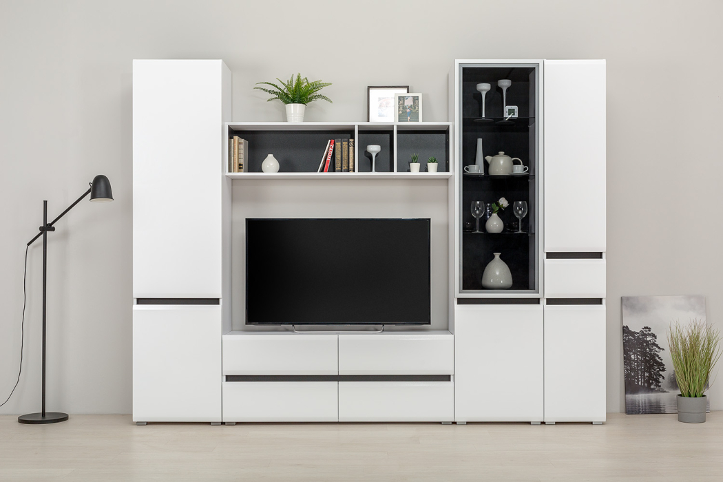 Витрины, Шкаф-витрина Сидней 13.201, белый премиум, черный, белый глянец