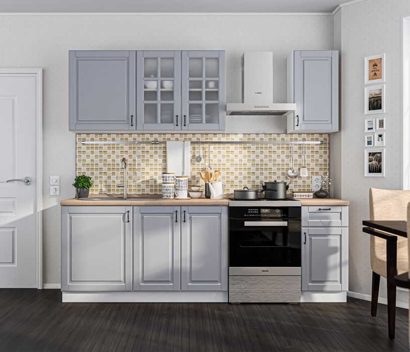 Кухня 2 метра, Кухонный гарнитур Регина Белый/ МДФ Серый светлый 2,4 м