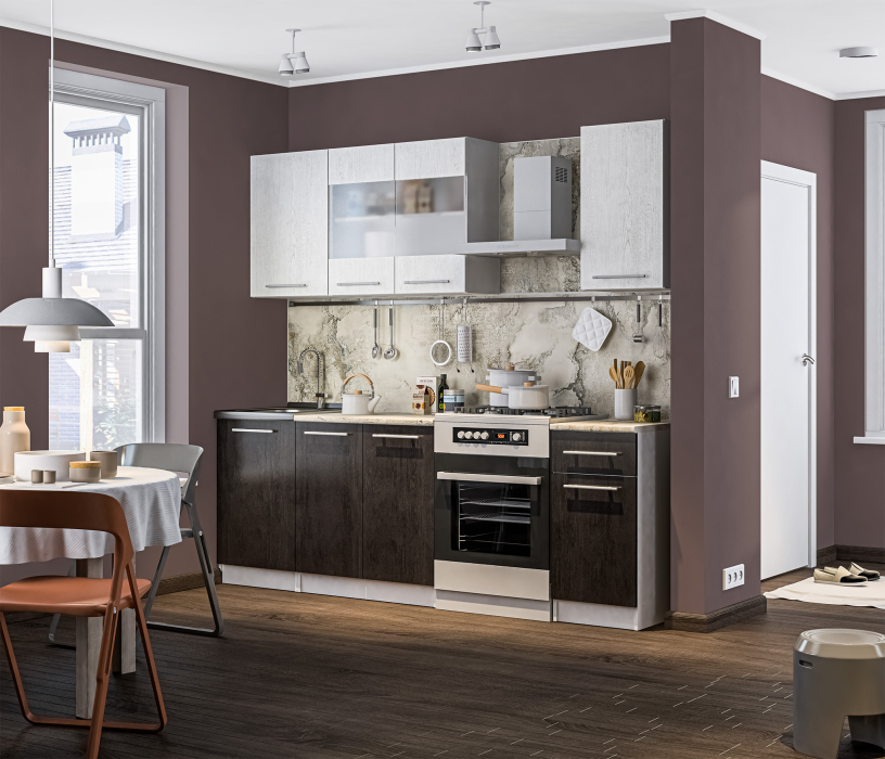 Кухонные гарнитуры, Кухонный гарнитур Элен 2,3 м (2,2 м) Белый/Дуб Планк,Дуб Мажор/БазальтR5 ПОД КЛЮЧ (полный комплект)