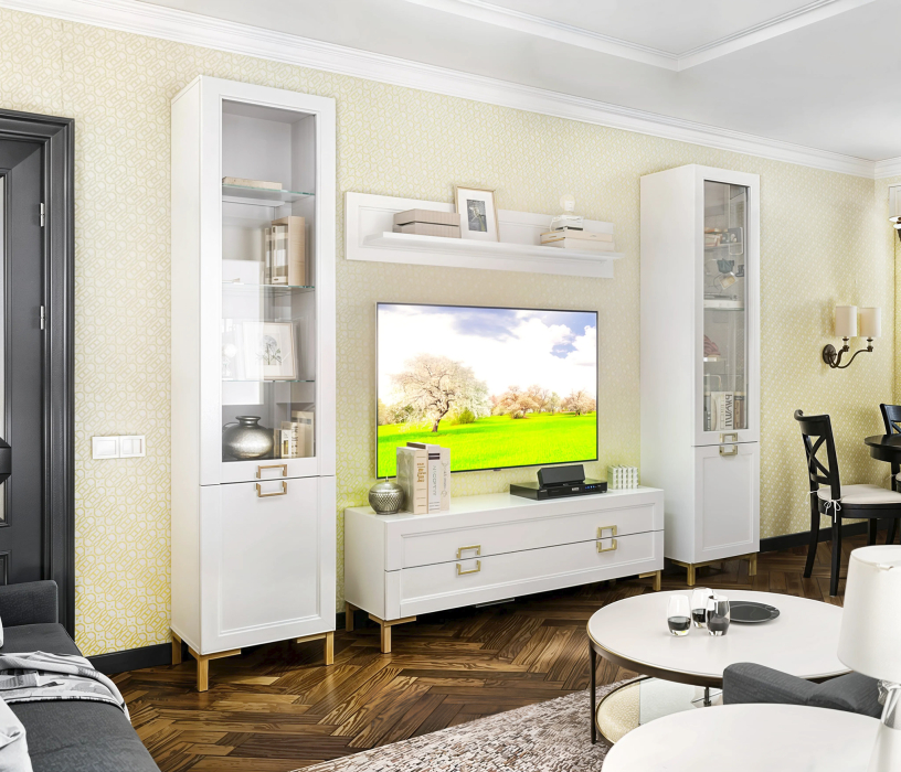 Стенки для гостиной, Комплект для гостиной с витринами Ассоль, Белый