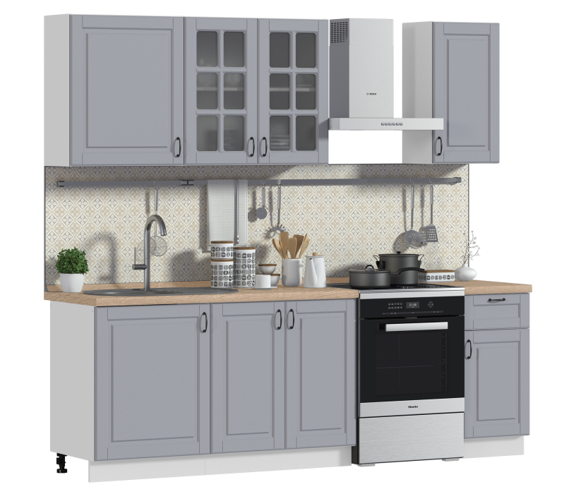 Кухня 2 метра, Кухонный гарнитур Регина Белый/ МДФ Серый светлый 2,4 м
