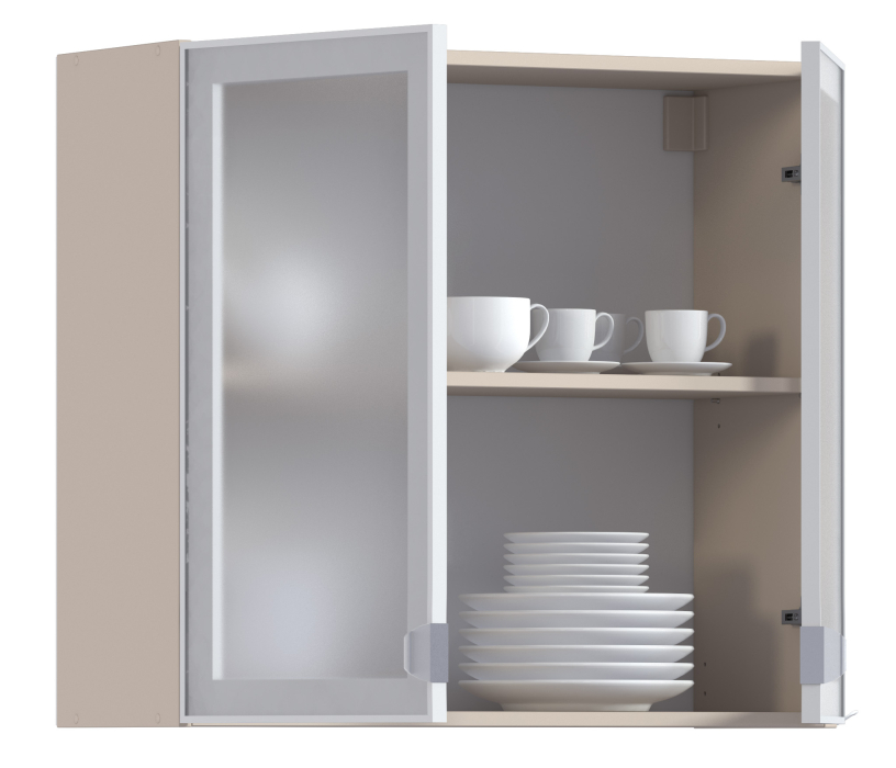 Навесные, Регина РП-80 Полка Песочный/Витрина алюминий Белый глянец/стекло Сатин