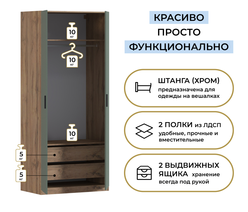 В спальню, Шкаф двухдверный Макс 1000 мм, вариант №3 (ЛДСП, корпус дуб вотан)