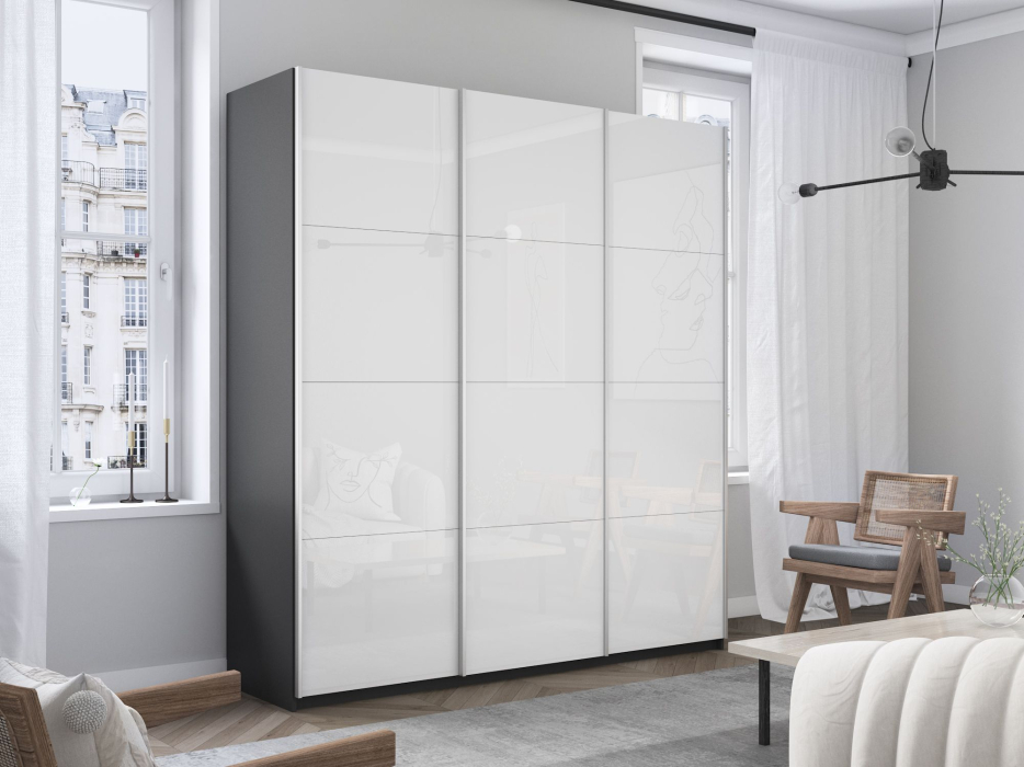 Шкафы-купе 3-х дверные, Шкаф-купе Прайм 3-х дверный Стекла белые/Доводчики 180х57х230