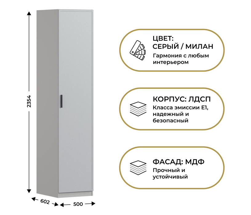 Для одежды, Шкаф однодверный Макс 500 мм, вариант №3 (ЛДСП/МДФ)
