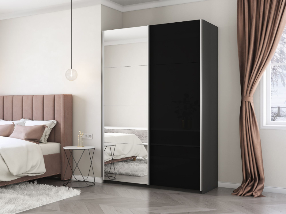 Шкафы-купе 2-х дверные, Шкаф-купе Прайм 2х дверный Зеркало/Стекло черное 120х57х230