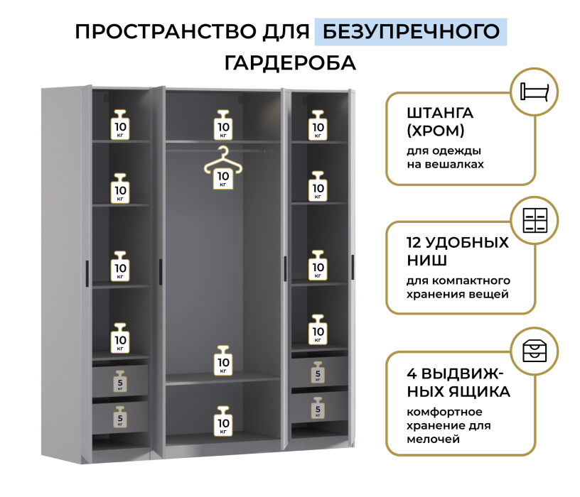 Для одежды, Шкаф четырехдверный Макс 2000 мм, вариант №2 (ЛДСП/МДФ)